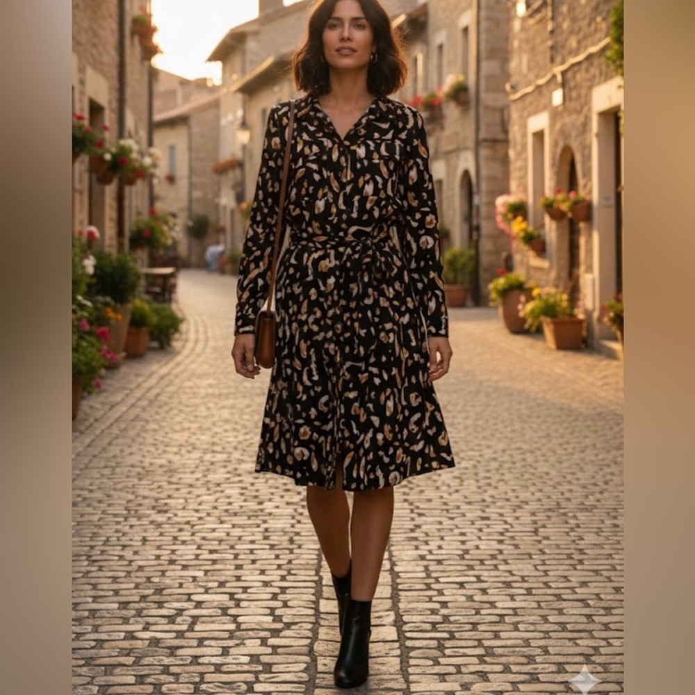Nine West Black and Brown Long Sleeve Dress
